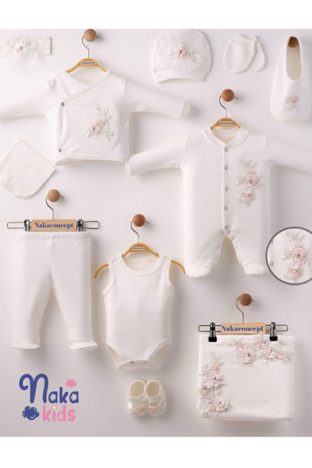 İtalyan Dantelli Organik Pamuk Kız Bebek 10 Parça Hastane Çıkış Seti