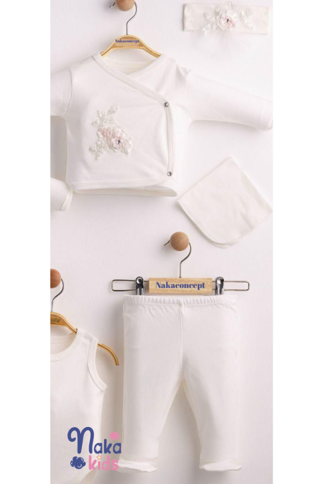 İtalyan Dantelli Organik Pamuk Kız Bebek 10 Parça Hastane Çıkış Seti