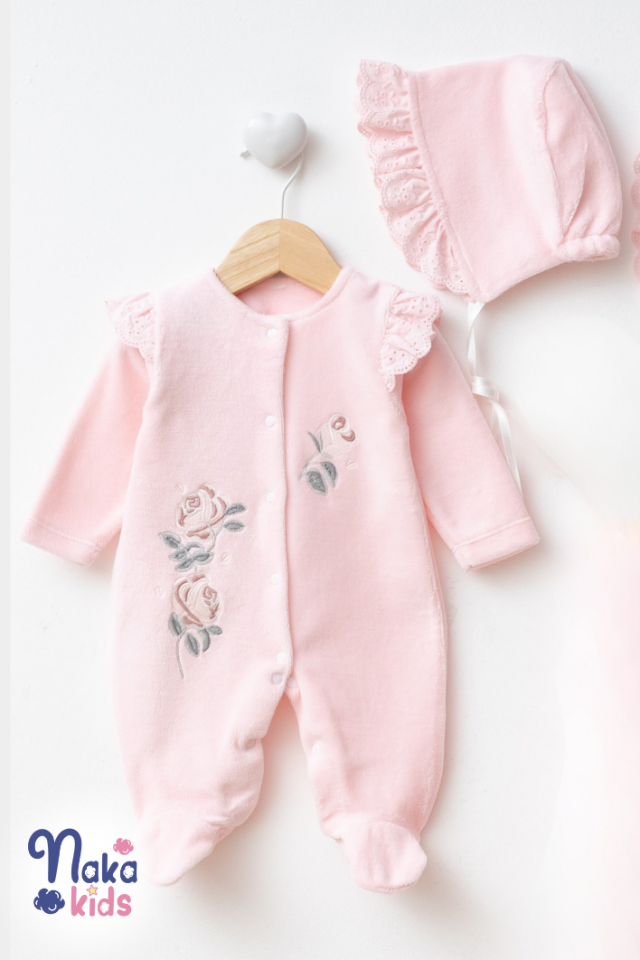 Kadife Fırfırella 5 Parça Kız Bebek Hastane Çıkış Seti- Pembe