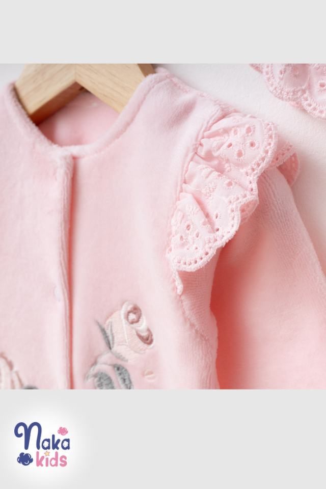 Kadife Fırfırella 5 Parça Kız Bebek Hastane Çıkış Seti- Pembe