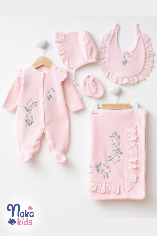 Kadife Fırfırella 5 Parça Kız Bebek Hastane Çıkış Seti- Pembe