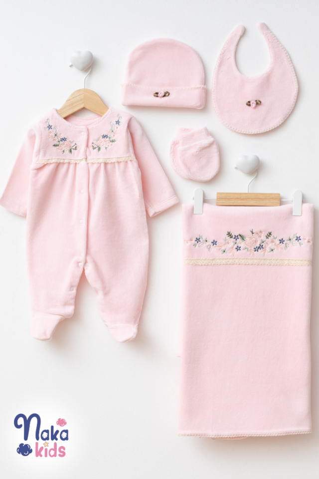 Kadife Sıralıçiçek 5 Parça Kız Bebek Hastane Çıkış Seti- Pembe