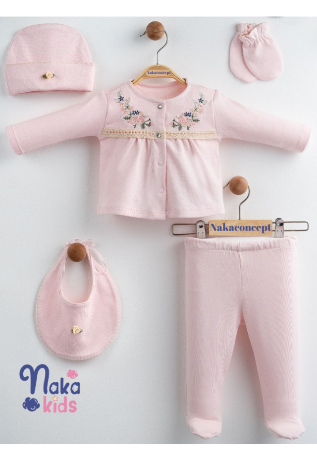 Sıralı Çiçekler 11 Parça Kız Bebek Hastane Çıkış Seti-Pembe