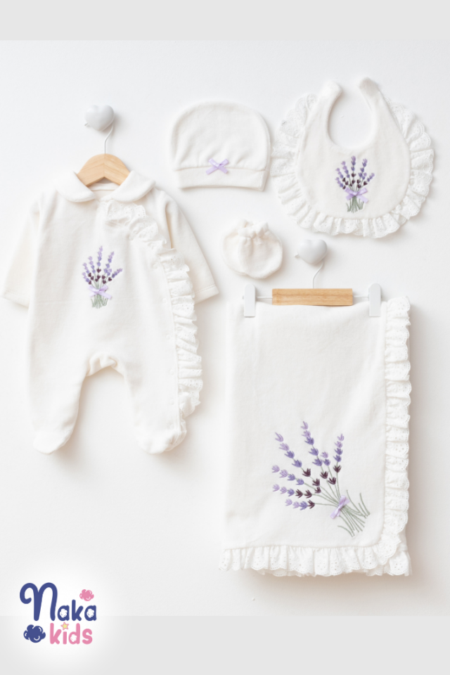 Kadife Lavanta 5 Parça Kız Bebek Hastane Çıkış Seti- Ekru