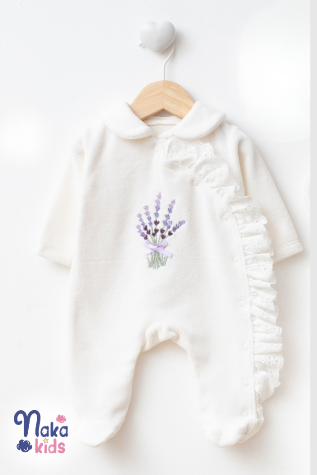 Kadife Lavanta 5 Parça Kız Bebek Hastane Çıkış Seti- Ekru