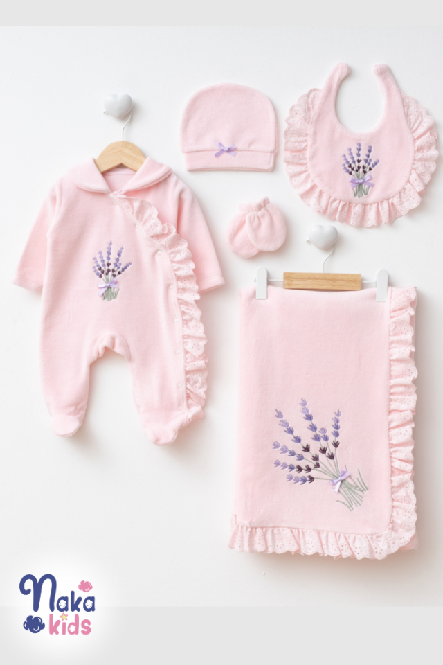 Kadife Lavanta 5 Parça Kız Bebek Hastane Çıkış Seti- Pembe