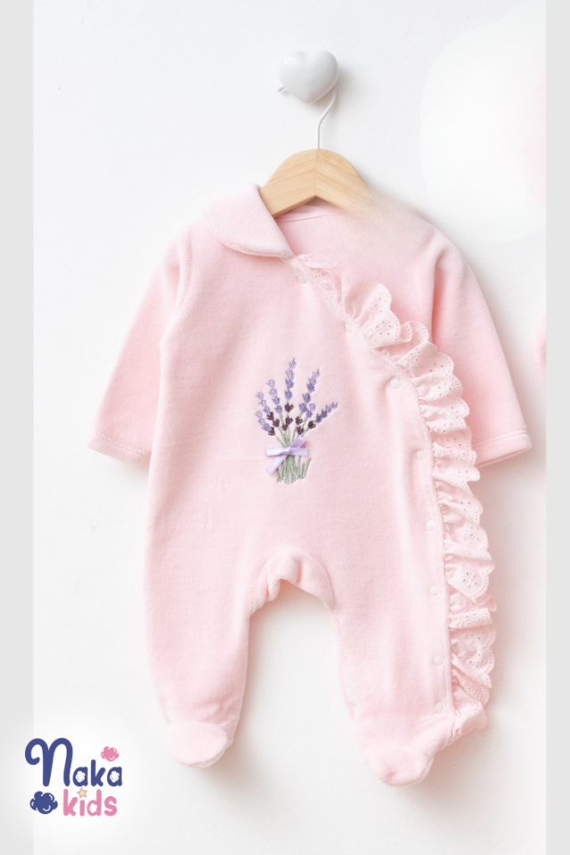 Kadife Lavanta 5 Parça Kız Bebek Hastane Çıkış Seti- Pembe