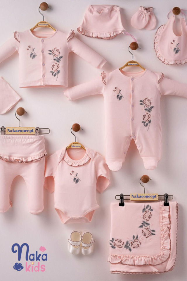 Fırfırella Prenses Kız Bebek 10 Parça Organik Hastane Çıkış Seti-Pembe