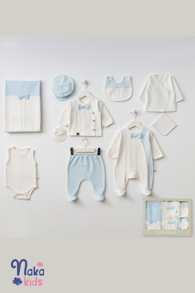 Waffle Yenidoğan Erkek Bebek 10 Parça Hastane Çıkış Seti- Mavi Beyaz