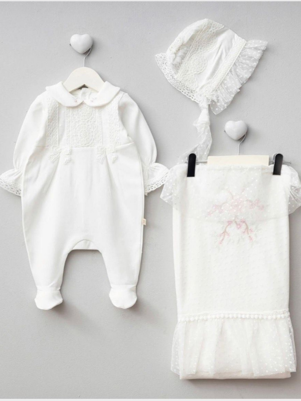 Celeste Pearl Kız Bebek Hastane Çıkış Seti- 4 Parça Beyaz
