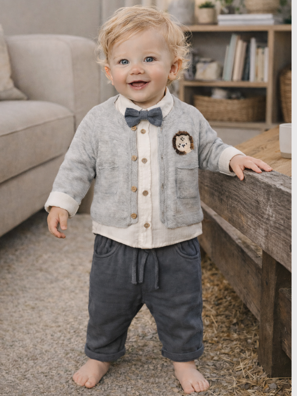 Leo Classic Erkek Bebek Triko Takım Bow Tie Shirt Muslin Pants 4 Parça