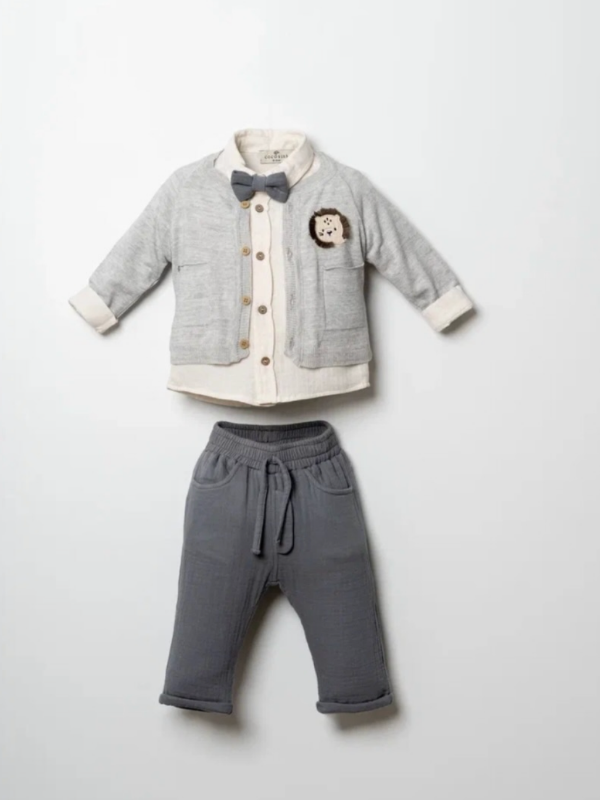 Leo Classic Erkek Bebek Triko Takım Bow Tie Shirt Muslin Pants 4 Parça