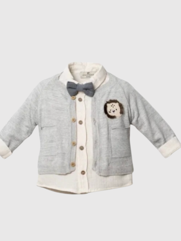 Leo Classic Erkek Bebek Triko Takım Bow Tie Shirt Muslin Pants 4 Parça