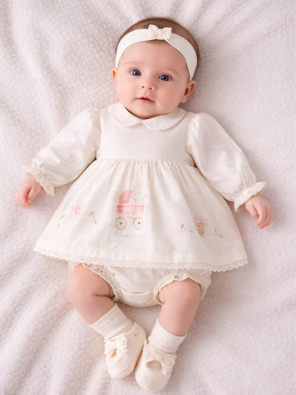 Luna Grace Kız Bebek Elbise Seti Uzun Kollu Bloomerli 5 Parça ekru