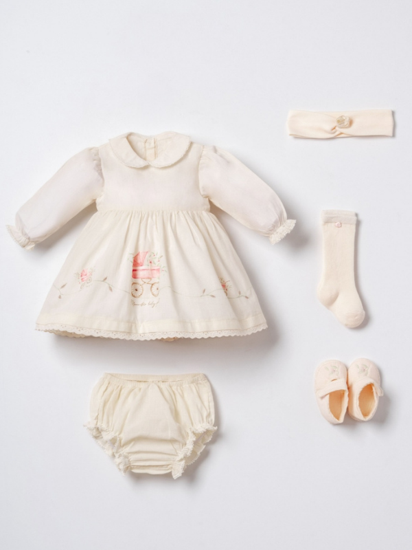 Luna Grace Kız Bebek Elbise Seti Uzun Kollu Bloomerli 5 Parça ekru