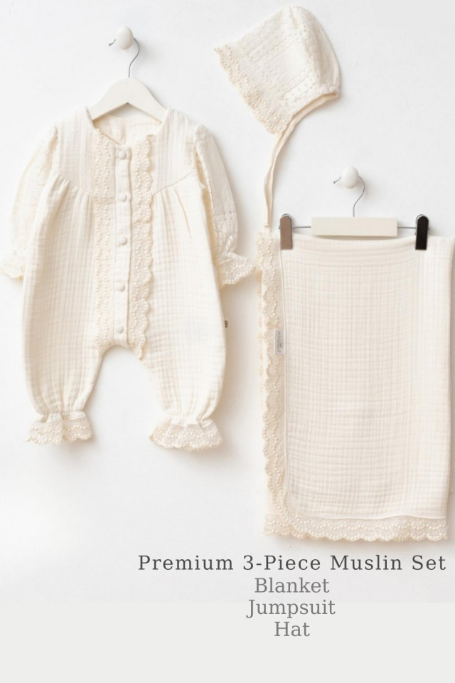 Nahla Lace Kız Bebek Yenidoğan Müslin Dantel Detaylı Kutulu -3 Parça