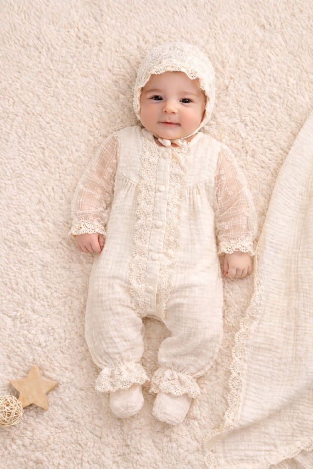 Nahla Lace Kız Bebek Yenidoğan Müslin Dantel Detaylı Kutulu -3 Parça