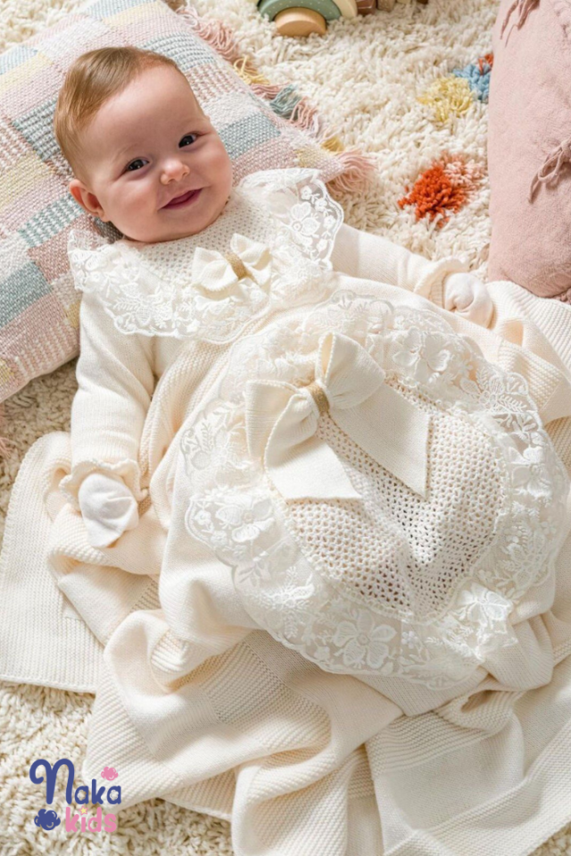 Organik Dantelli 5 li Kız Bebek Hastane Çıkış Seti-Krem