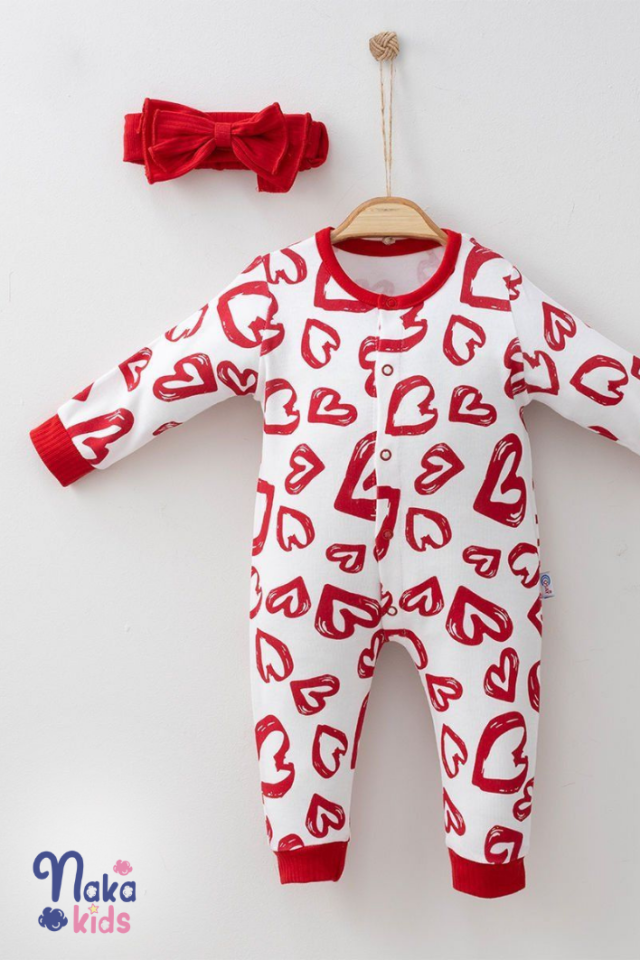 ''Crimson Heart'' Kalp Desenli Bebek Tulum ve Bandana Seti