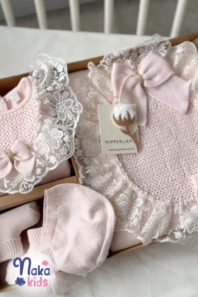 Organik Dantelli 5 li Kız Bebek Hastane Çıkış Seti-Pembe
