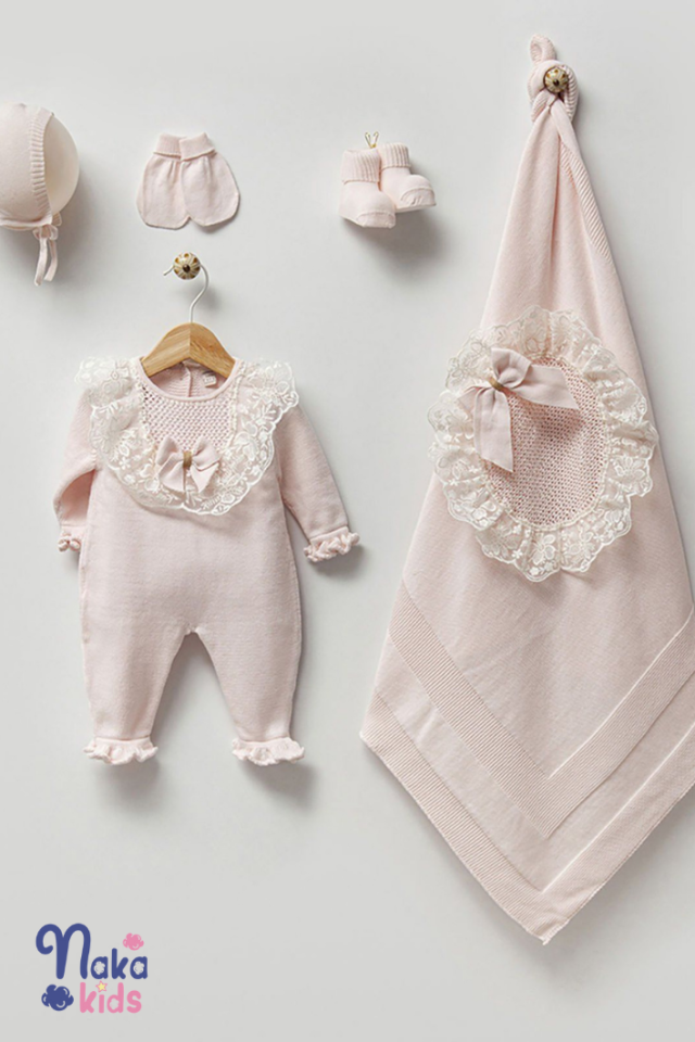 Organik Dantelli 5 li Kız Bebek Hastane Çıkış Seti-Pembe