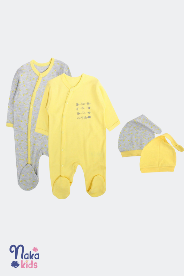 ''Little Scholar'' Ok Baskılı İkili Bebek Tulum ve Şapka Seti 1-3 ay - sarı-gri