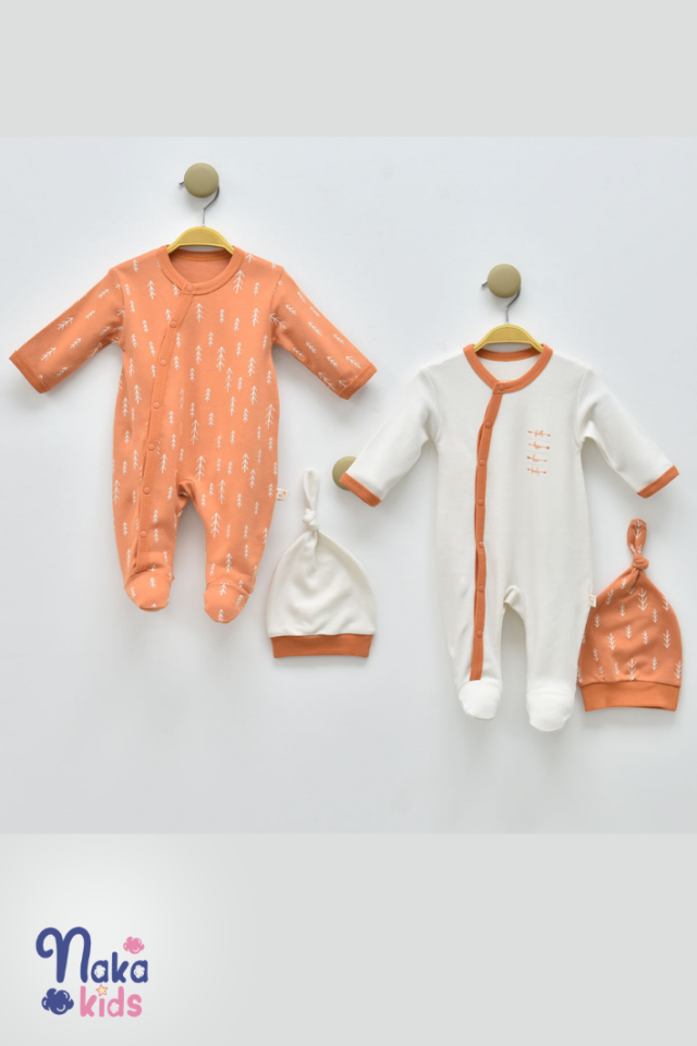 ''Little Scholar'' Ok Baskılı İkili Bebek Tulum ve Şapka Seti 1-3 ay - krem-tarçın