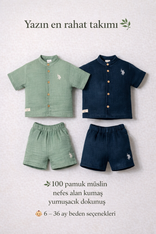 Müslin Rahatlığı Doğal Pamuk Müslin Erkek Bebek Takımı