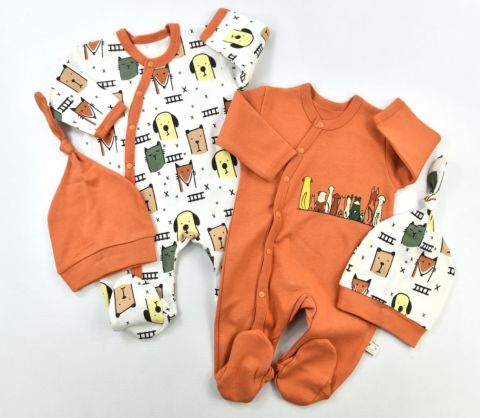 ''Puppy Love'' Sevimli Köpek Baskılı İkili Bebek Tulum ve Şapka Seti 0-1 ay - Turuncu