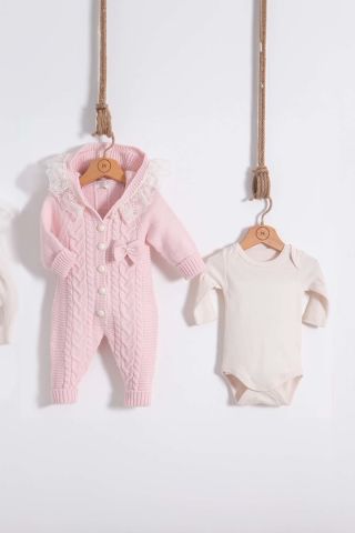 Kapşonlu Dantelli 2 li Tulum Set 0-3 ay