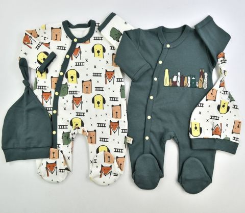 ''Puppy Love'' Sevimli Köpek Baskılı İkili Bebek Tulum ve Şapka Seti 1-3 ay - Yeşil