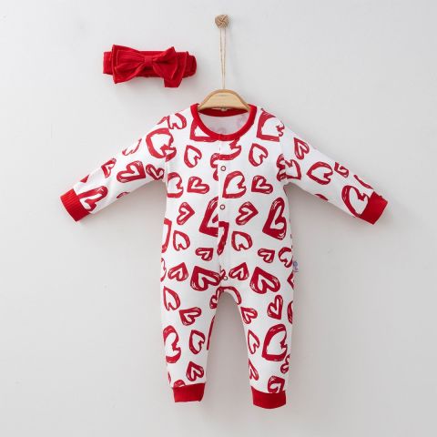 ''Crimson Heart'' Kalp Desenli Bebek Tulum ve Bandana Seti 9-12 ay