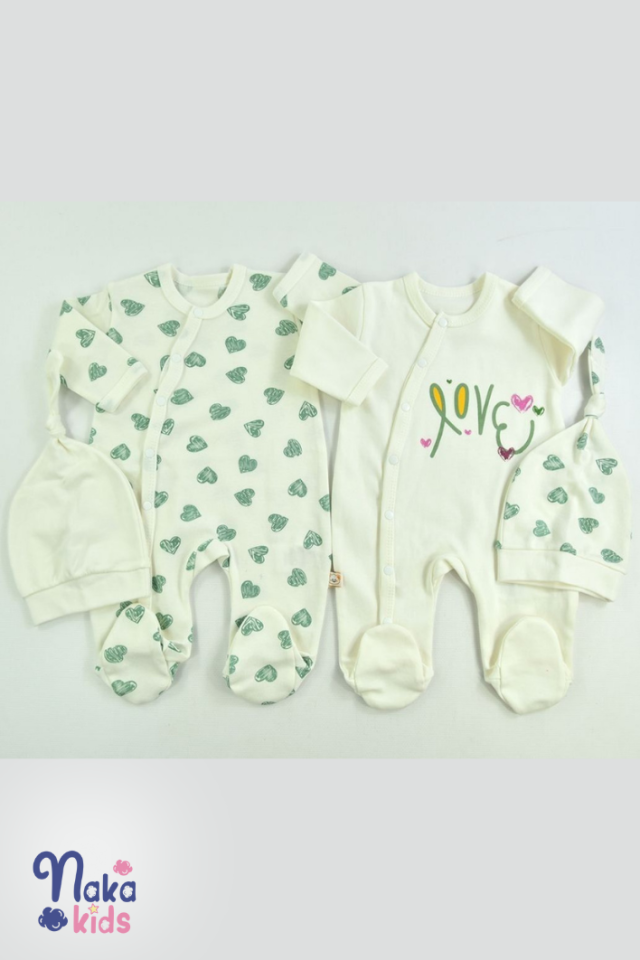 Sweetheart Duo'' Kalp Baskılı Bebek Tulum ve Şapka Seti