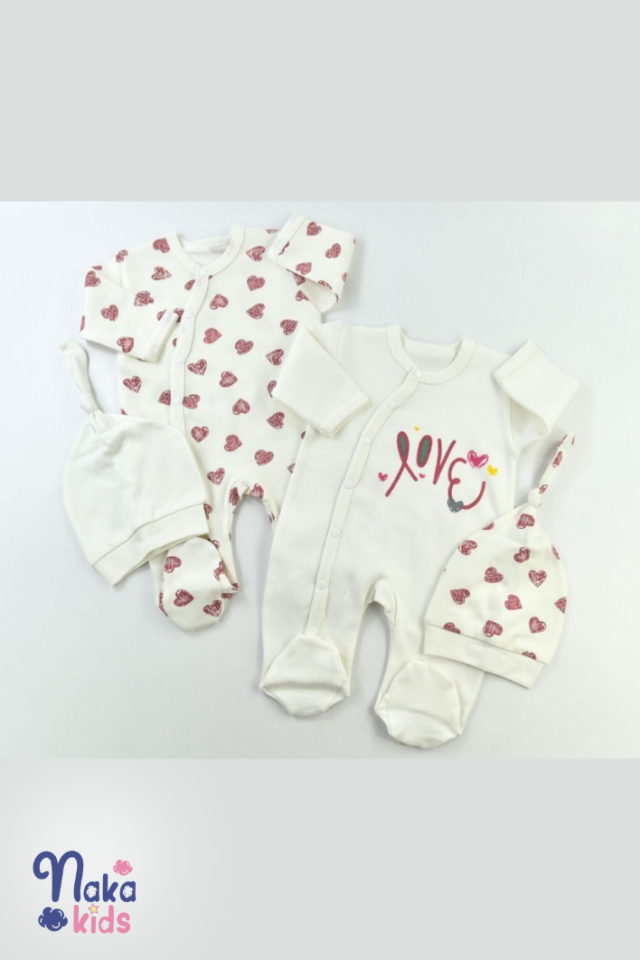 Sweetheart Duo'' Kalp Baskılı Bebek Tulum ve Şapka Seti