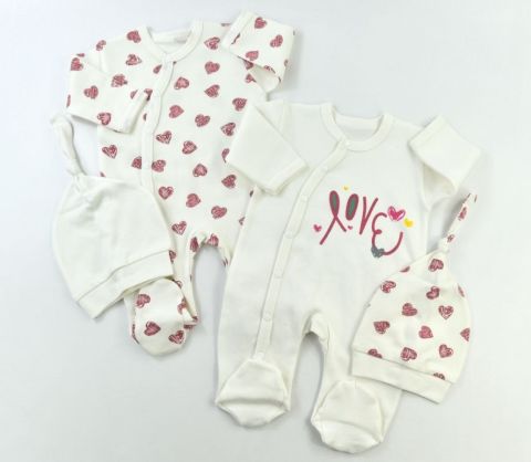 Sweetheart Duo'' Kalp Baskılı Bebek Tulum ve Şapka Seti 0-1 ay - Pembe