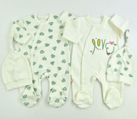 Sweetheart Duo'' Kalp Baskılı Bebek Tulum ve Şapka Seti 0-1 ay - Yeşil