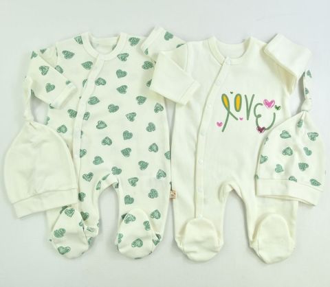 Sweetheart Duo'' Kalp Baskılı Bebek Tulum ve Şapka Seti 1-3 ay - Yeşil