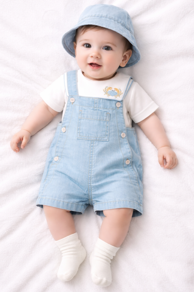 Crab Embroidered Erkek Bebek Salopet Takım 4 Parça Yazlık Set (3-6 Ay)