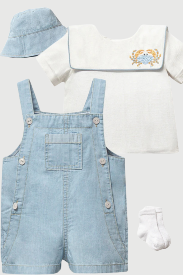 Crab Embroidered Erkek Bebek Salopet Takım 4 Parça Yazlık Set (3-6 Ay)