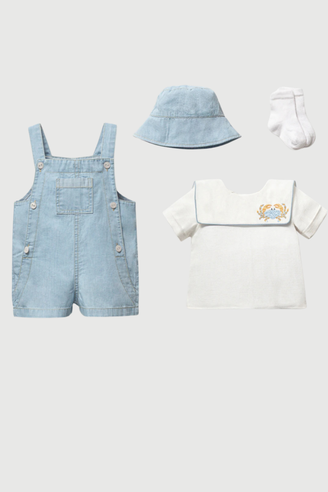 Crab Embroidered Erkek Bebek Salopet Takım 4 Parça Yazlık Set (3-6 Ay)