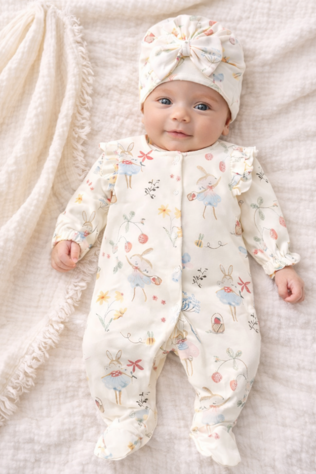 Bayan Tavşan Yenidoğan Bebek Hastane Çıkışı Seti-Pamuk Tulum ,Müslin Battaniye, Bone-3 Parça