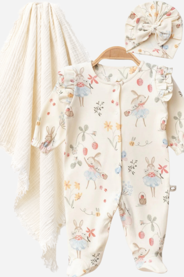 Bayan Tavşan Yenidoğan Bebek Hastane Çıkışı Seti-Pamuk Tulum ,Müslin Battaniye, Bone-3 Parça