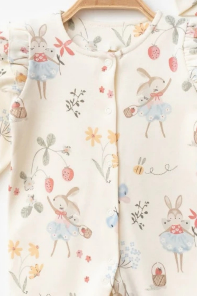 Bayan Tavşan Yenidoğan Bebek Hastane Çıkışı Seti-Pamuk Tulum ,Müslin Battaniye, Bone-3 Parça