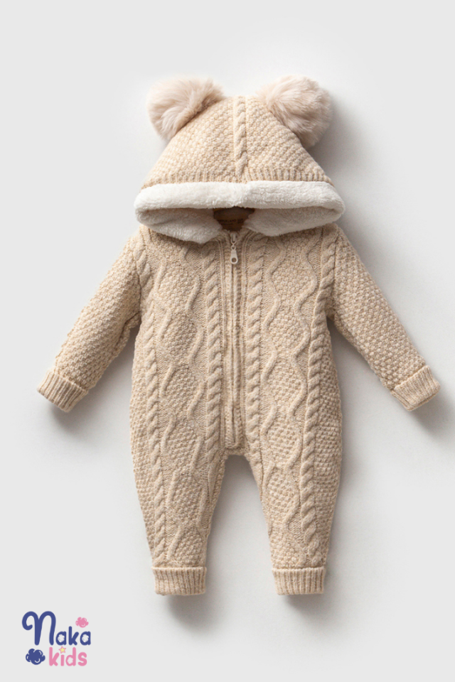 Dışı Triko İçi Welsoft Çift Ponponlu Tulum- Bej