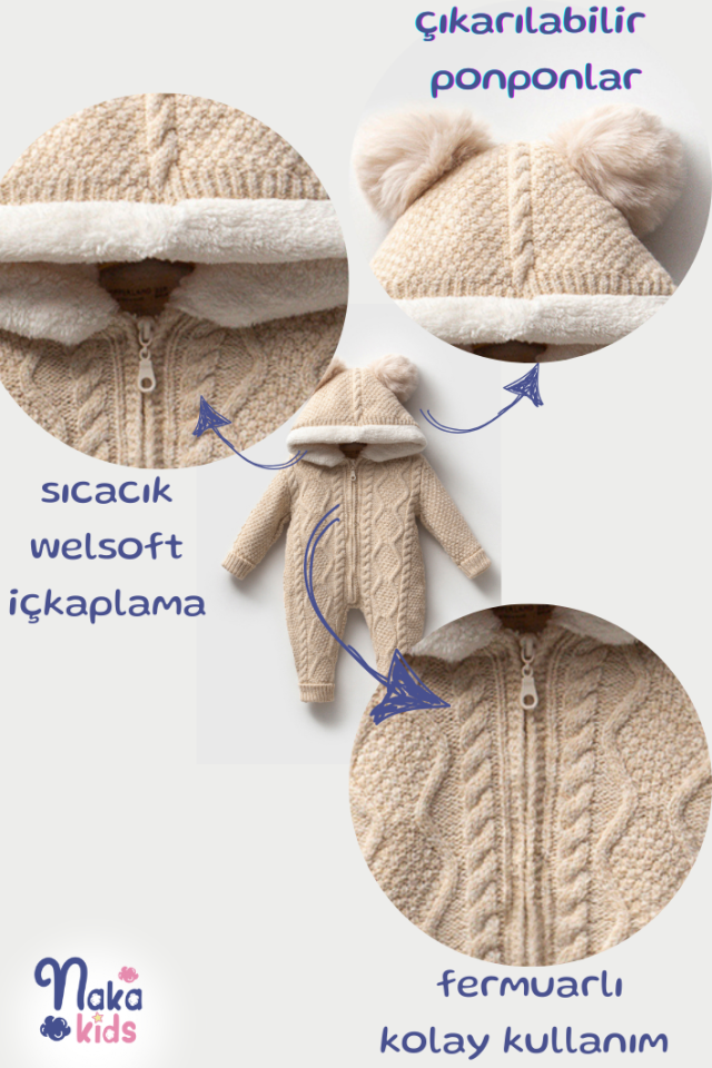 Dışı Triko İçi Welsoft Çift Ponponlu Tulum- Bej