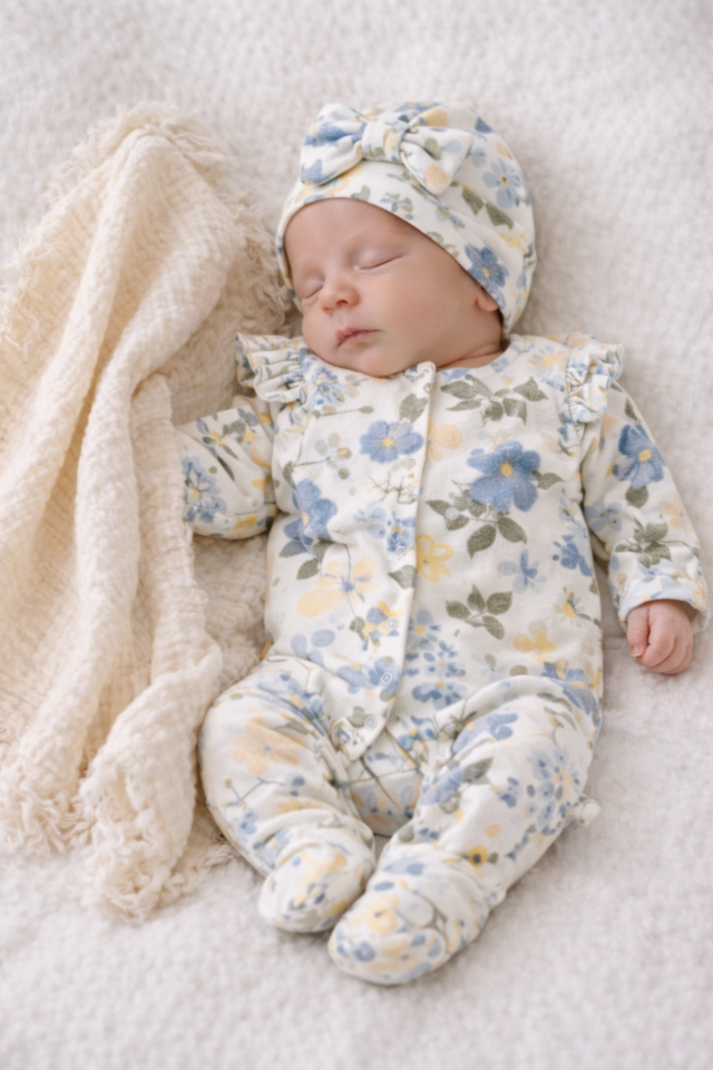 Flowers Yenidoğan Bebek Hastane Çıkışı Seti-Pamuk Tulum ,Müslin Battaniye, Bone-3 Parça(Kopya)