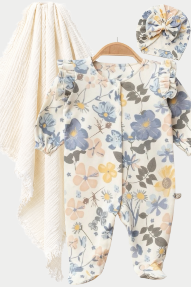 Flowers Yenidoğan Bebek Hastane Çıkışı Seti-Pamuk Tulum ,Müslin Battaniye, Bone-3 Parça(Kopya)