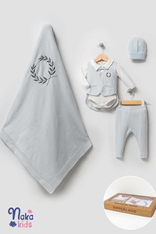 Zeytin Dalı Temalı 5 Parça Erkek Bebek Hastane Çıkışı ve Mevlid Seti-Mavi