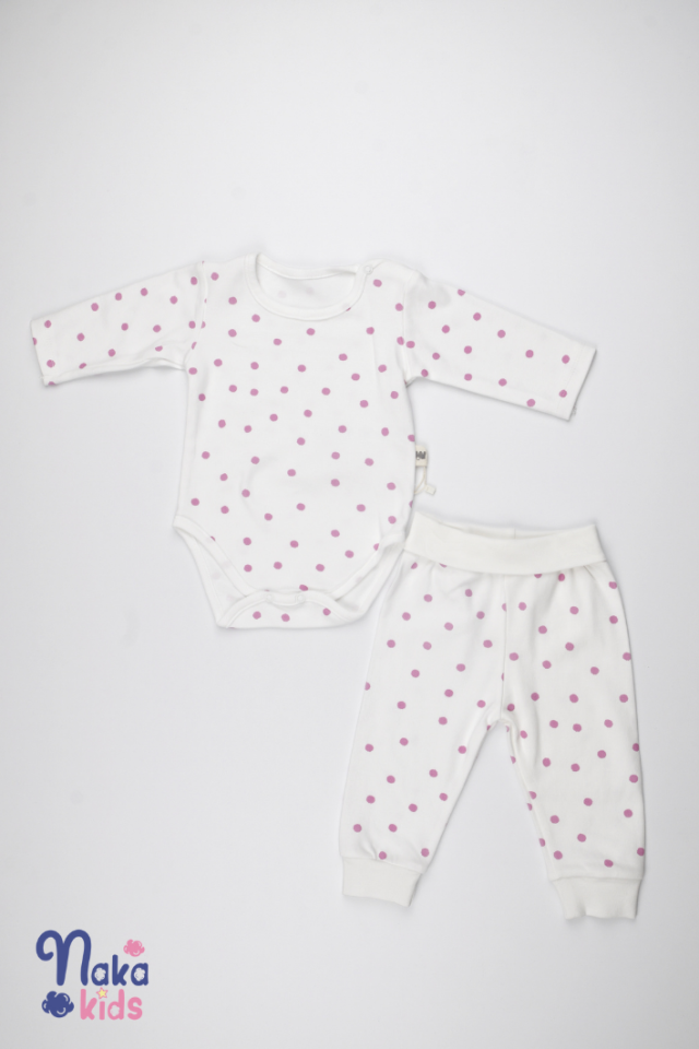 Pembe  Beyaz Puanlı 2 li Body Takım