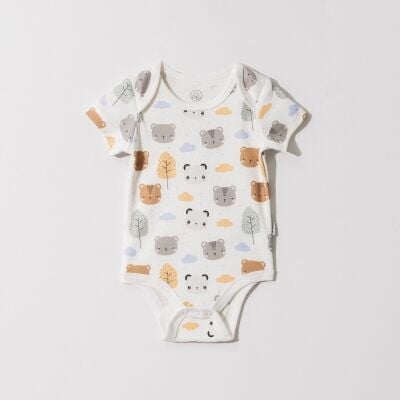 Noor Softline Organik Pamuk Kısa Kollu Desenli Amerikan Yaka Bebek Body- Zıbın 0-3 ay - hayvan desen